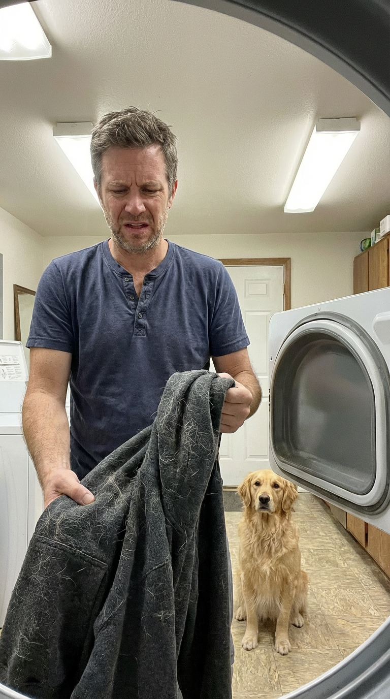Dad doing laundry with golden retriever by the dryer
