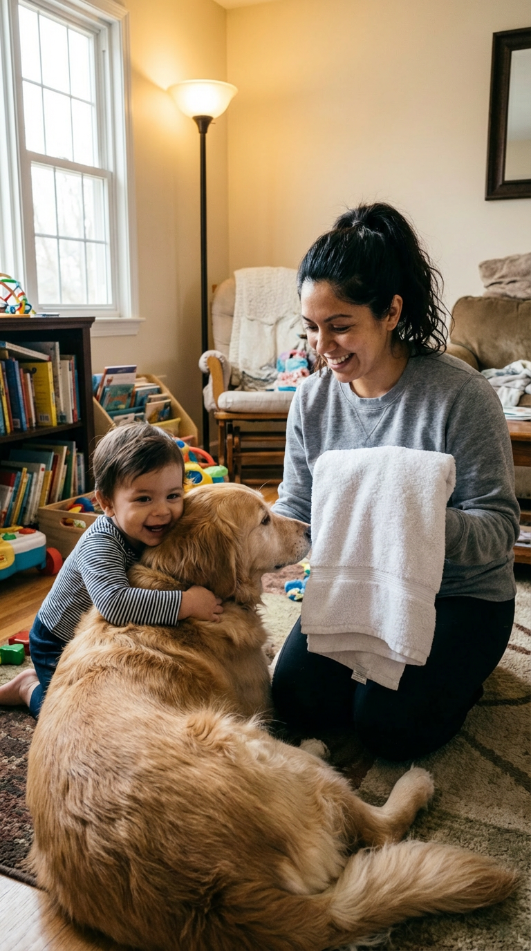 Mom with toddler and dog in living room